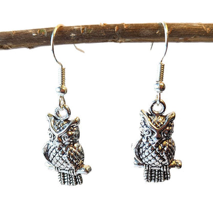 Antique Silver Small Owl on Branch Earrings