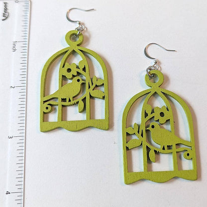 Large Lime Green Bird in Cage Laser Cut Wood Earrings