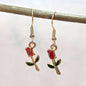 Red Long Stem Rose Flower Enamel Earrings Gold