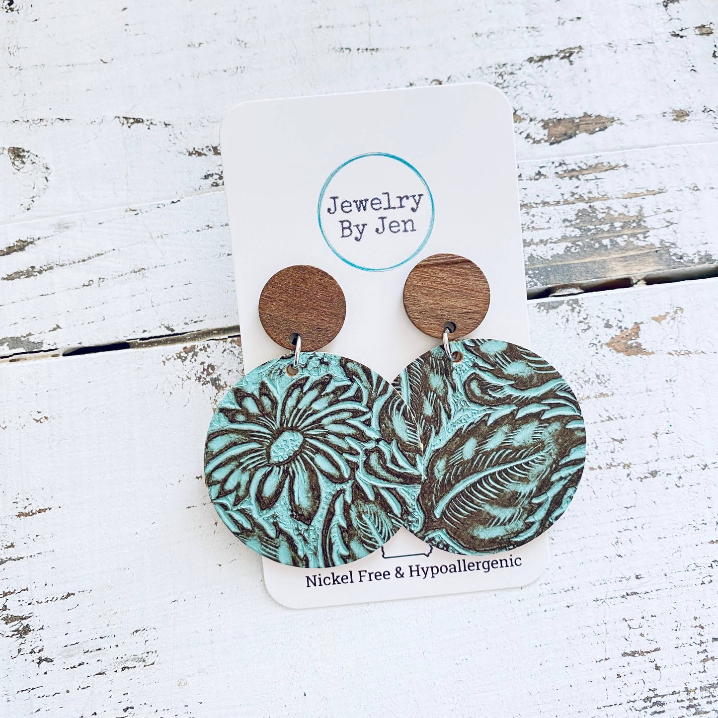 Wood Stud Earring: Turquoise & Brown Daisy