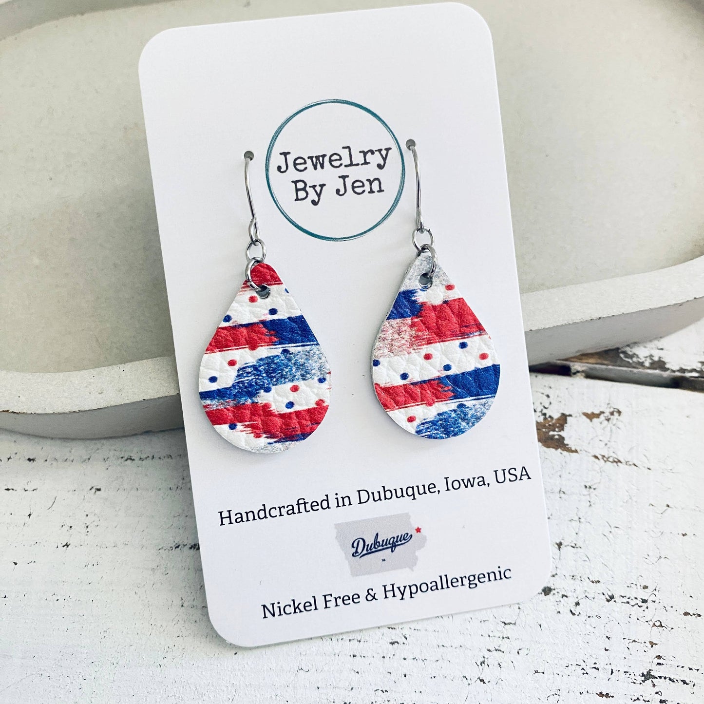 Small Teardrop: Red, White & Blue Brushstrokes