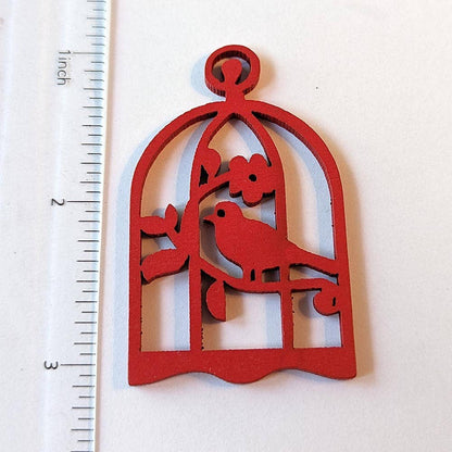 Large Red Bird in Cage Laser Cut Wood Pendant Necklace