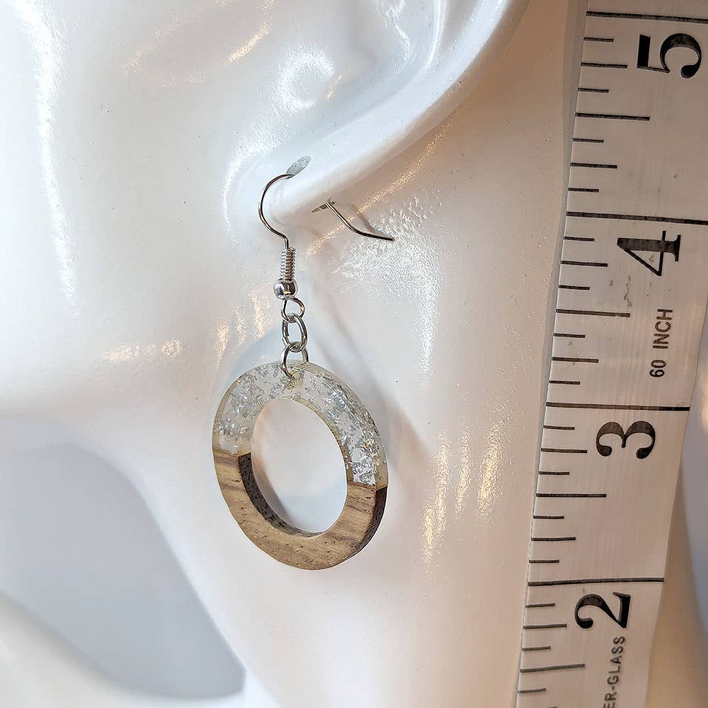 Clear Silver Leaf Resin Wood Hollow Round Hoop Earrings