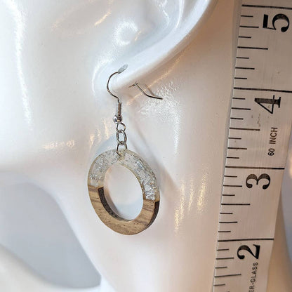 Clear Silver Leaf Resin Wood Hollow Round Hoop Earrings