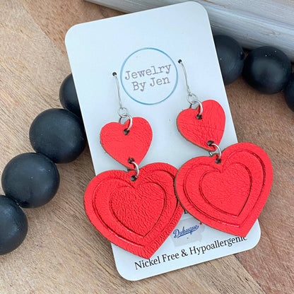 Embossed Double Heart Earrings: Metallic Red