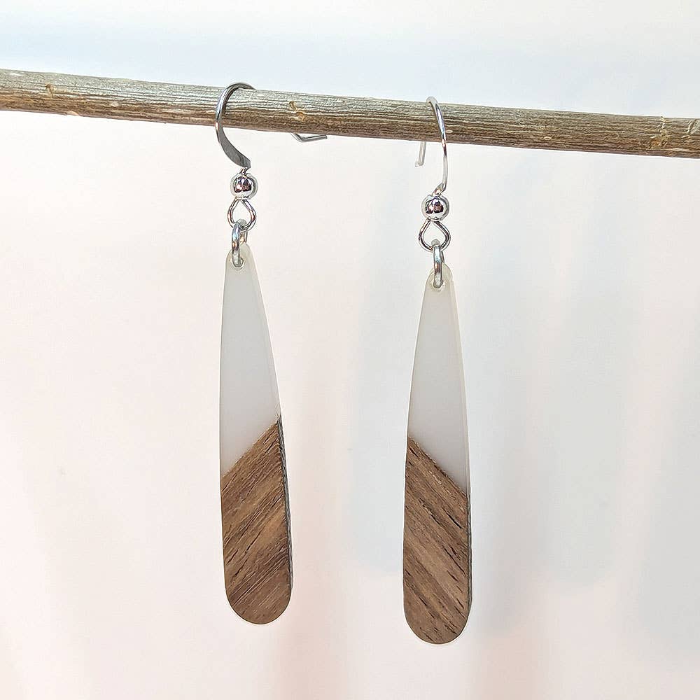 Slim Long Teardrop Silver Cream Resin Wood Earrings