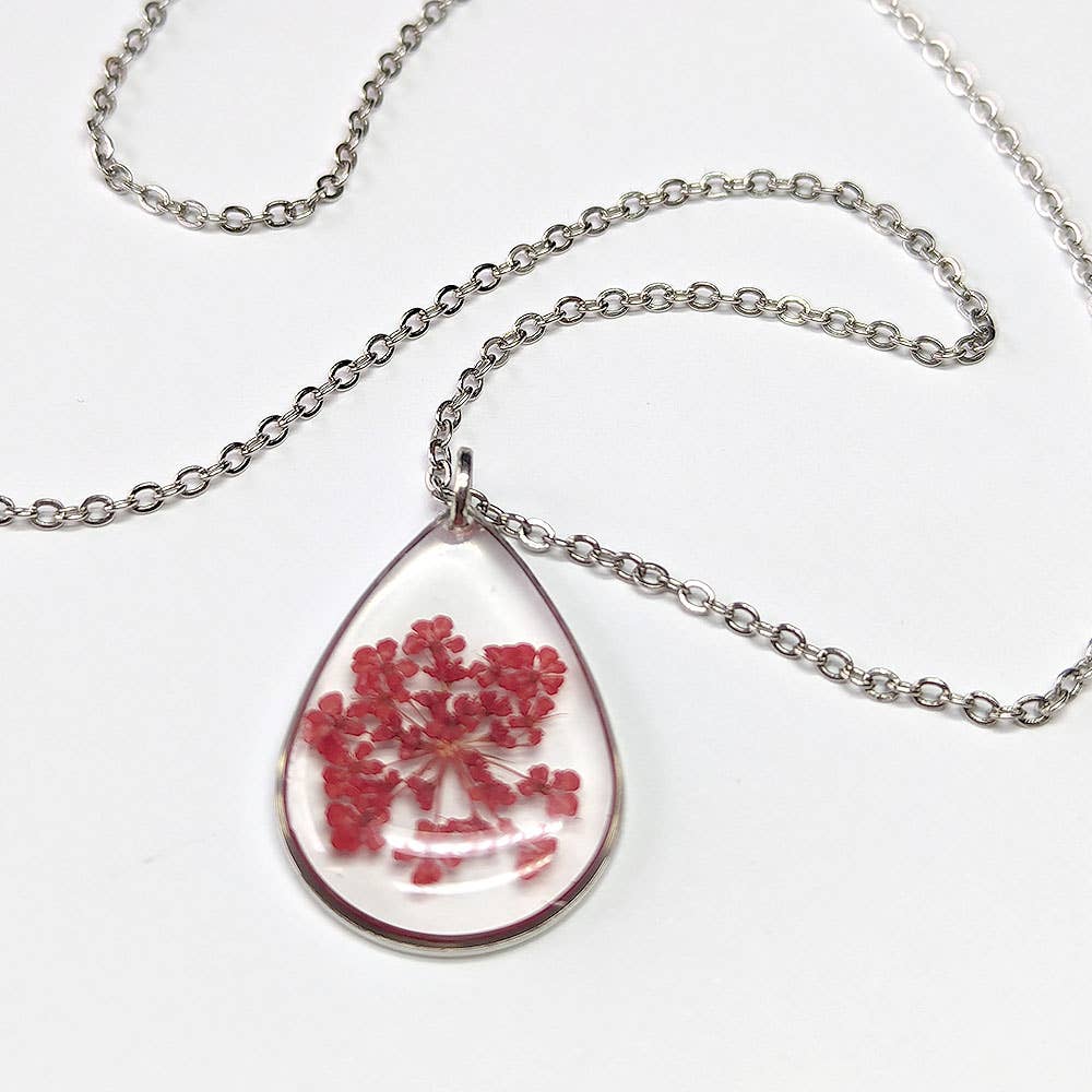 Teardrop Real Dried Red Flowers Resin Necklace Silver