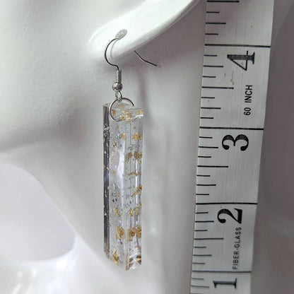 Silver Glitter Gold Leaf Mica Long Rectangle Resin Earrings