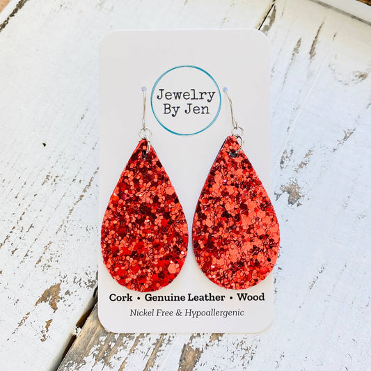 Medium Teardrop: Chunky Red Glitter