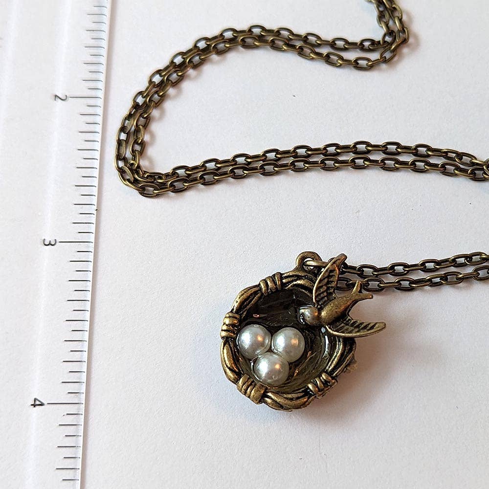 Antique Bronze Sparrow Bird with Nest and Bird Eggs Necklace