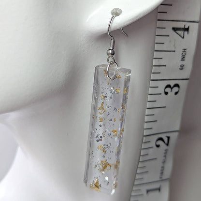 Silver Glitter Gold Leaf Mica Long Rectangle Resin Earrings