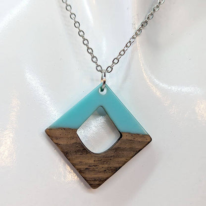 Turquoise Blue Resin Wood Hollow Diamond Shaped Necklace