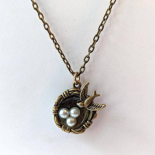 Antique Bronze Sparrow Bird with Nest and Bird Eggs Necklace