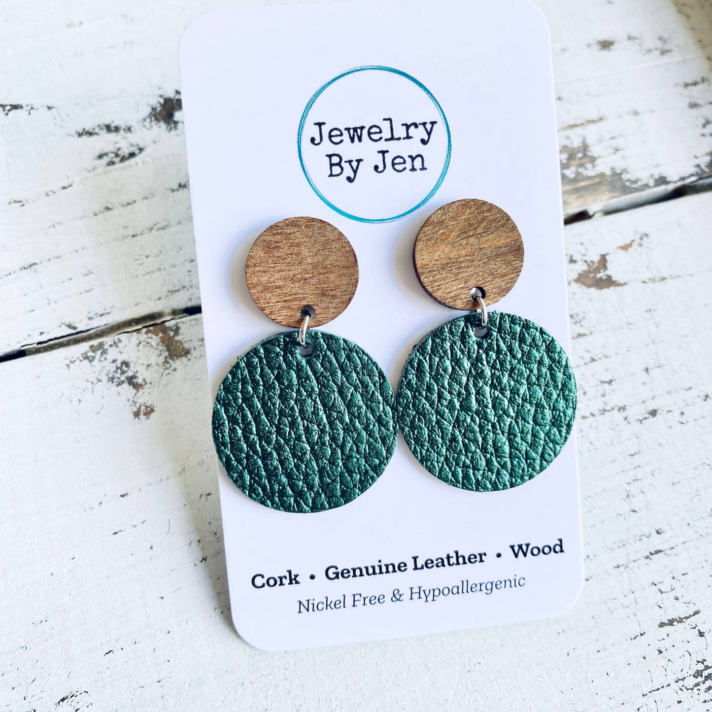 Wood Stud Earrings (Medium): Metallic Hunter Green