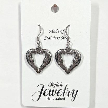 Stainless Steel Textured Chunky Heart Pendant Silver Earrings