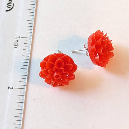Red Chrysanthemum Flower Stud Earrings