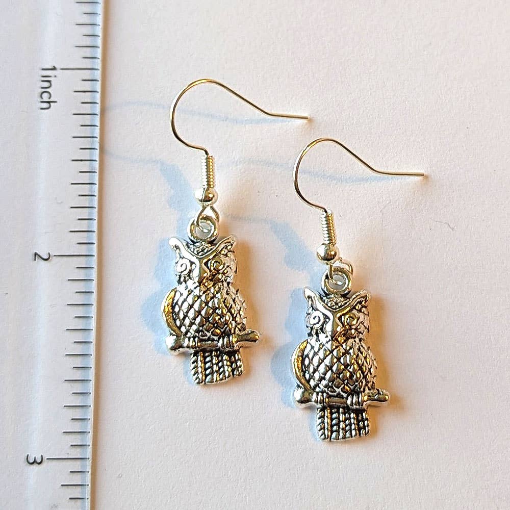 Antique Silver Small Owl on Branch Earrings