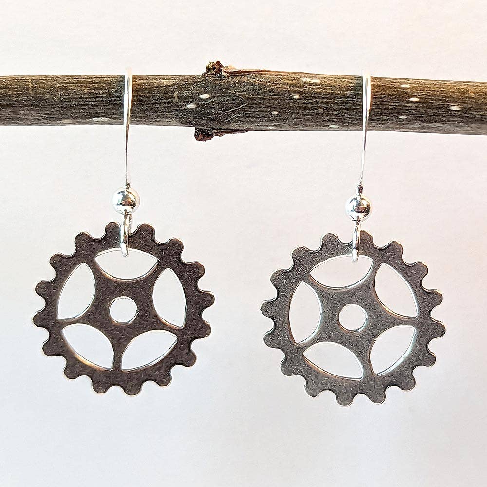 Small Steampunk Cog Earrings, Antique Silver