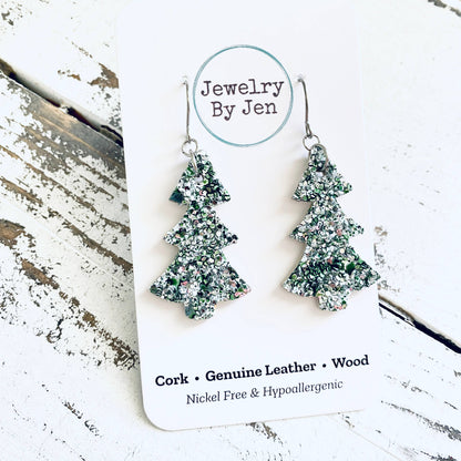 Christmas Tree Earrings: Green & Silver Glitter