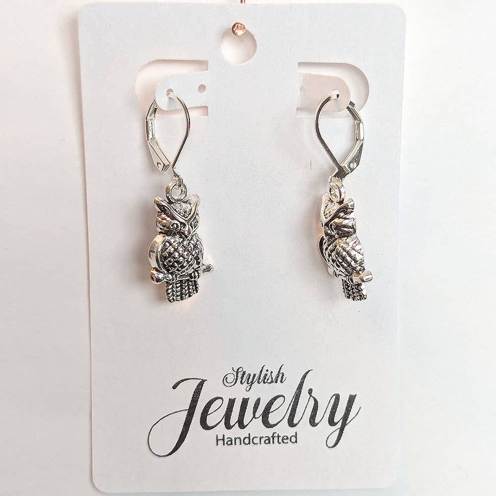 Antique Silver Small Owl on Branch Earrings