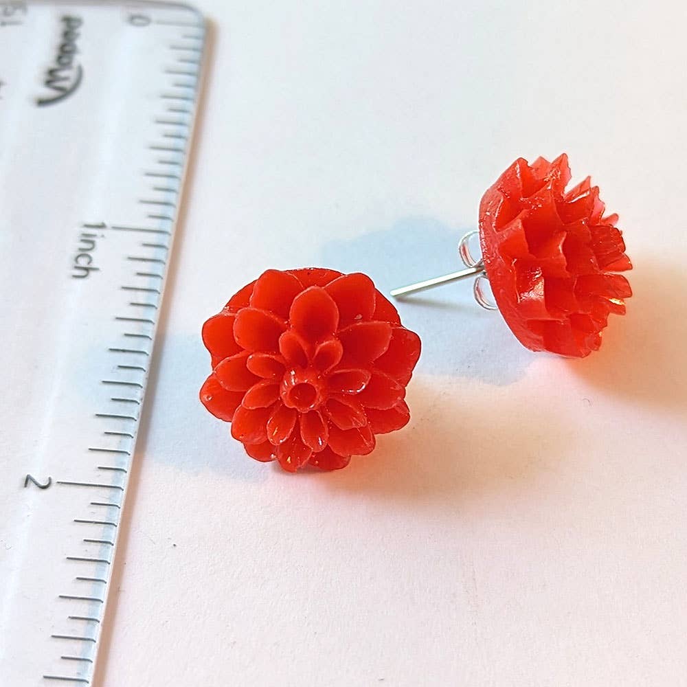 Red Chrysanthemum Flower Stud Earrings