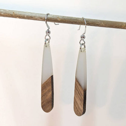 Slim Long Teardrop Silver Cream Resin Wood Earrings