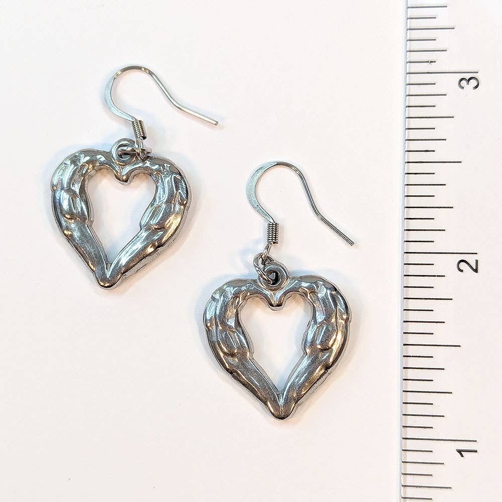 Stainless Steel Textured Chunky Heart Pendant Silver Earrings