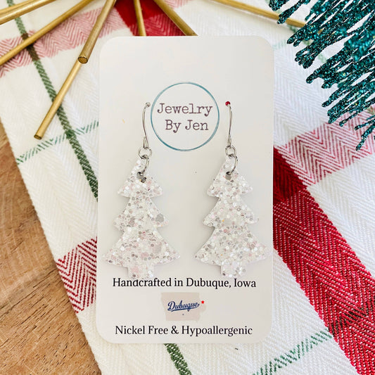 Christmas Tree Earrings: White Glitter