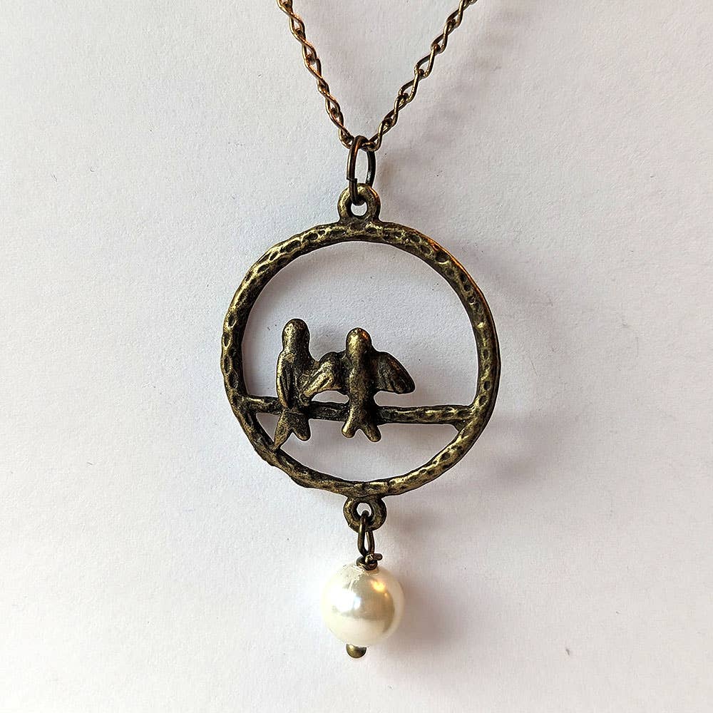 Antique Bronze Love Birds Branch Hoop With Pearl Necklace